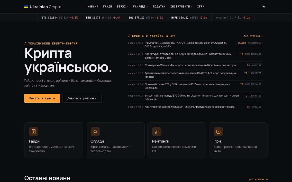ukrainiancrypto.com — dark theme homepage